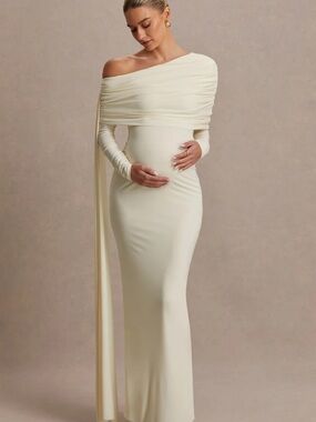 One-Shoulder Cream Maternity Maxi Dress